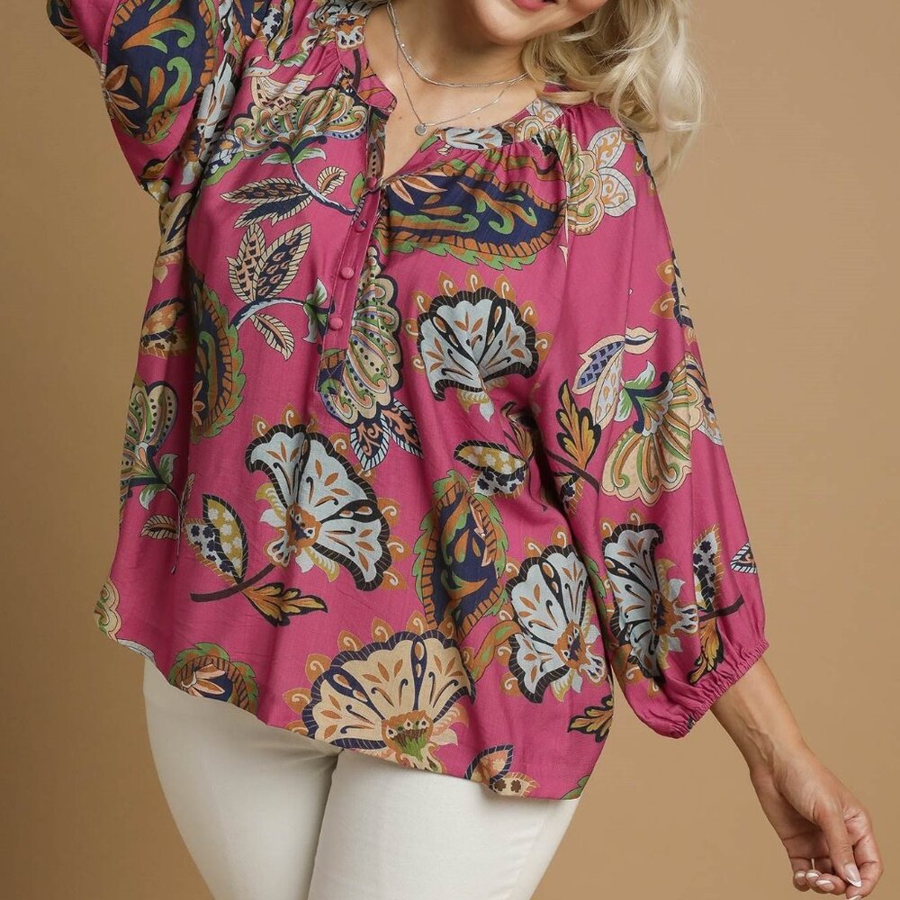 UMGEE Boho Paisley Puff Sleeve Blouse (New) - Pink